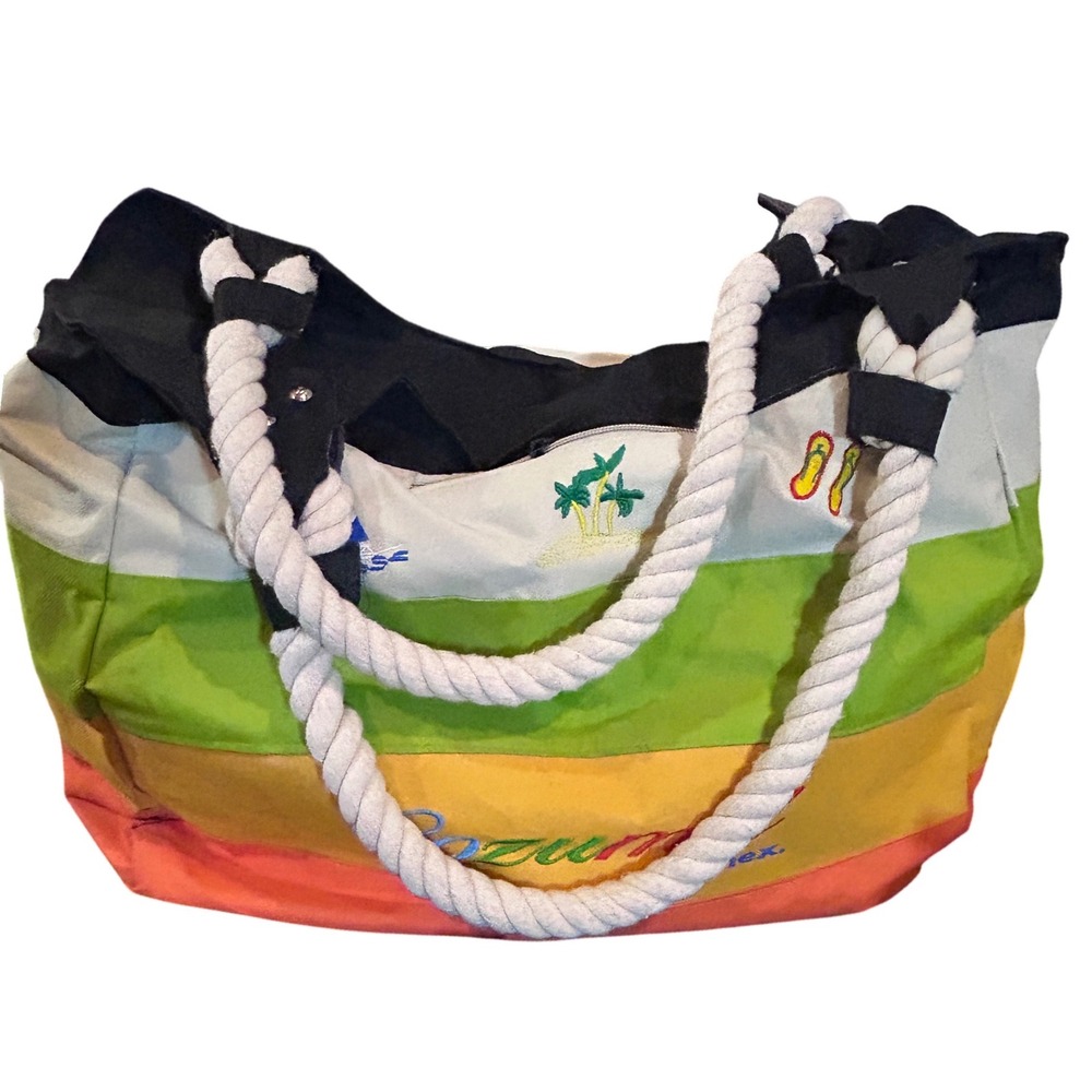 Resort Beach Tote Bag Striped Rope Handles Zipper Top‎ Travel Heavy Duty Large